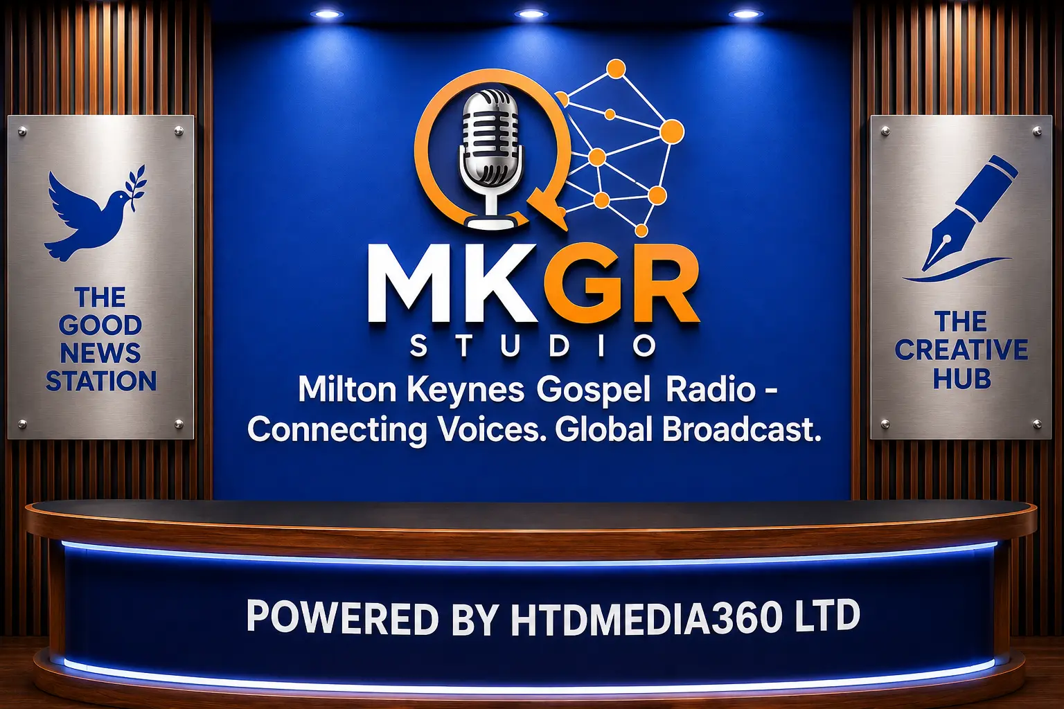 MKGR Studio rostrum: The Good News Station, The Creative Hub, connecting voices through global broadcast
